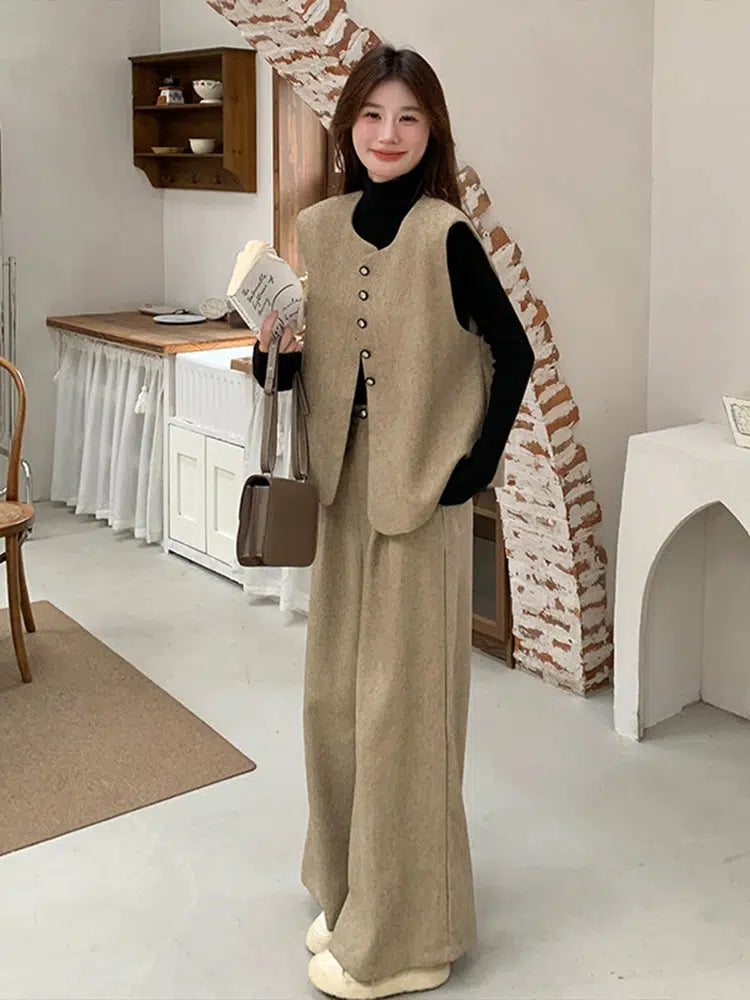 Khaki Vest and Wide-Leg Pants Suit for Women-The Korean Fashion