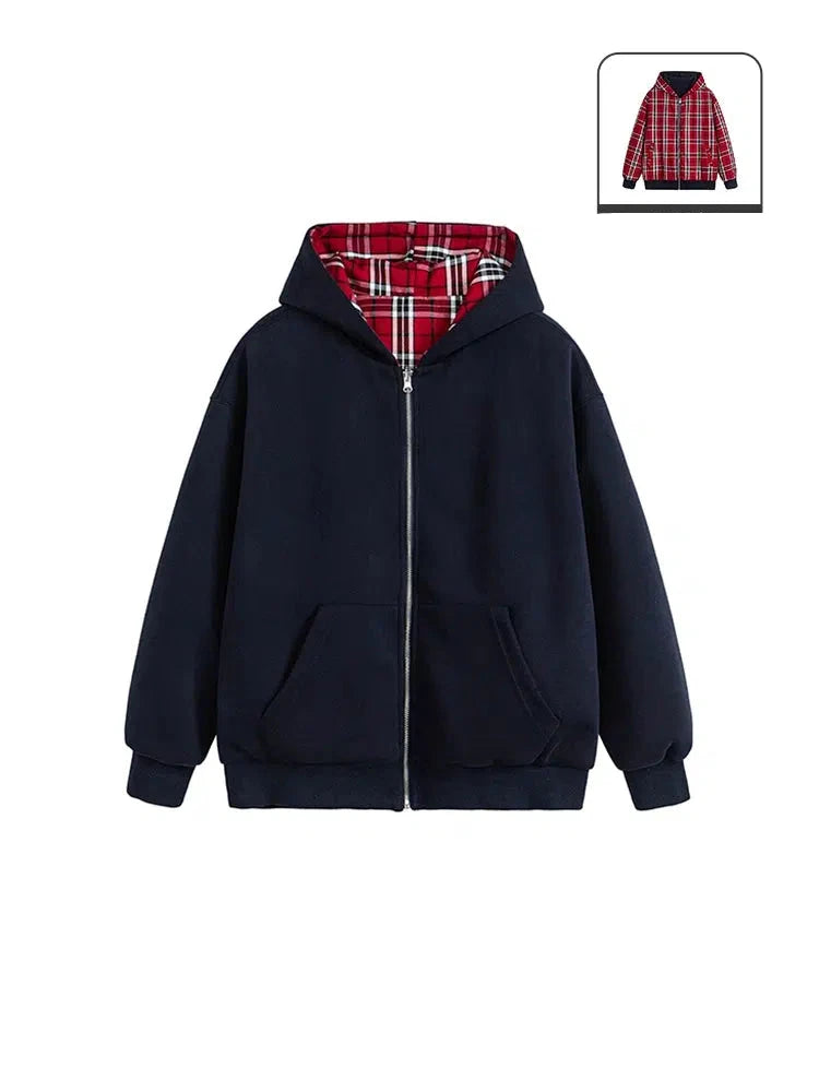 Reversible Plaid Hooded Cardigan Jacket-The Korean Fashion