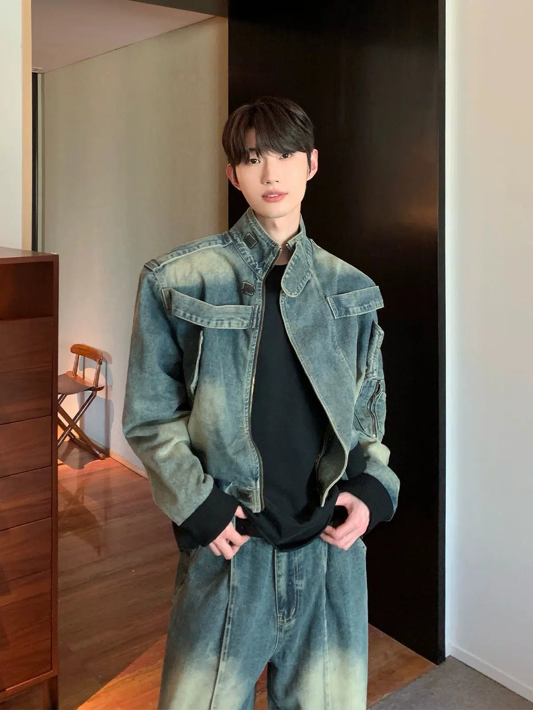 Distressed Stand Collar Denim Jacket Pants Set-The Korean Fashion