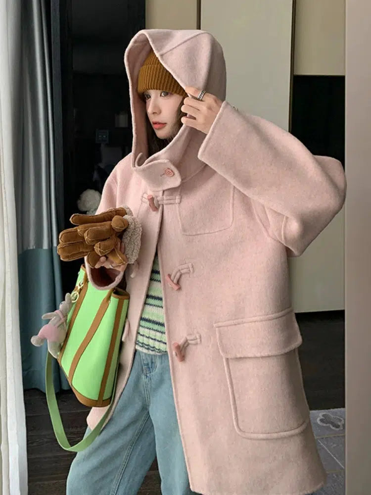 Pink Hooded Wool Coat with Toggle Buttons-The Korean Fashion