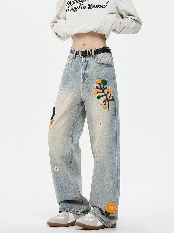 Embroidered Floral Straight-Leg Casual Jeans-The Korean Fashion