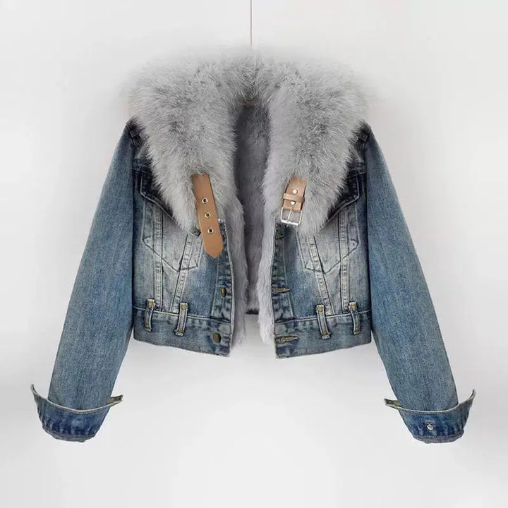 Denim Jacket with Fur Collar and Rabbit Fur Lining-The Korean Fashion