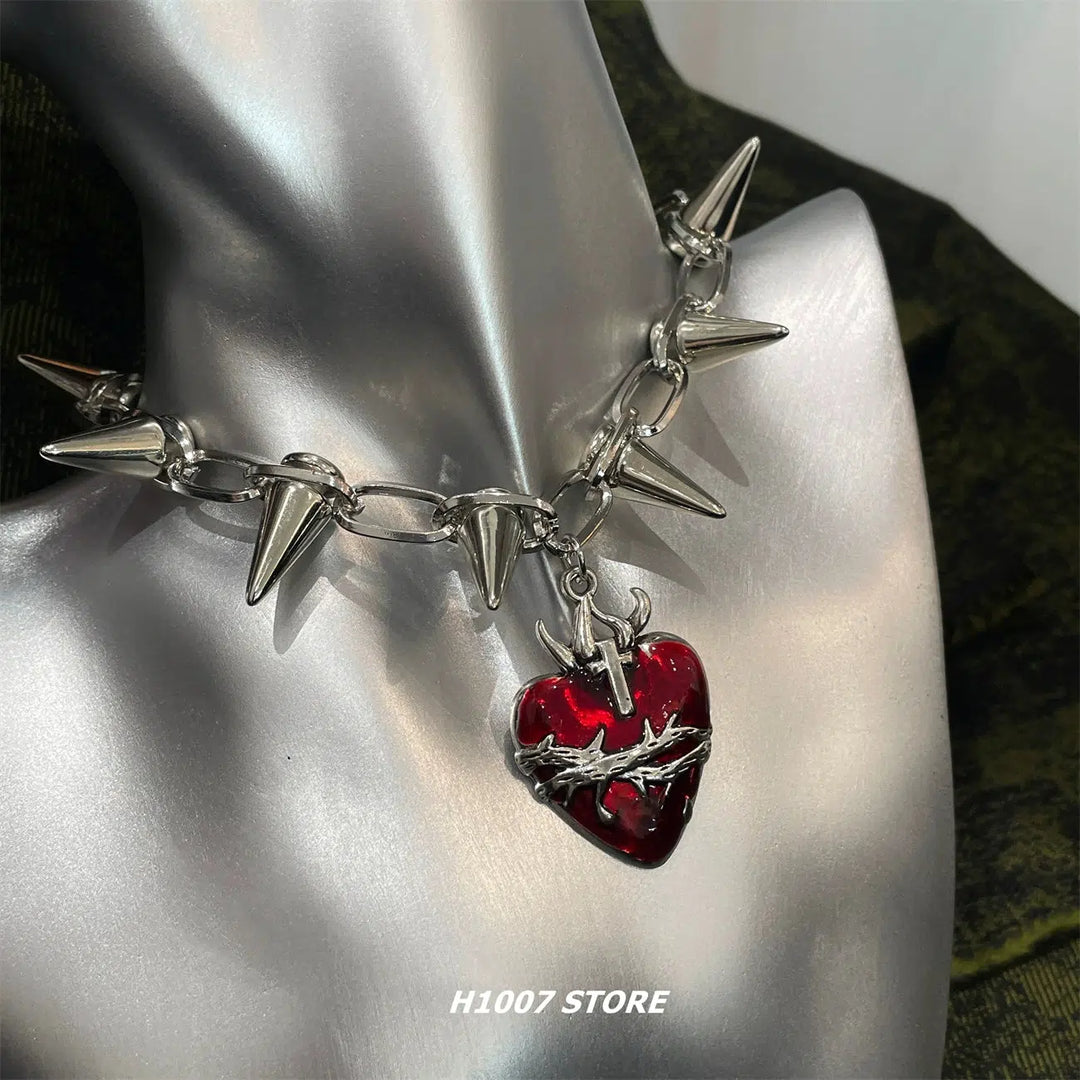 Rivet Heart Pendant Choker Necklace