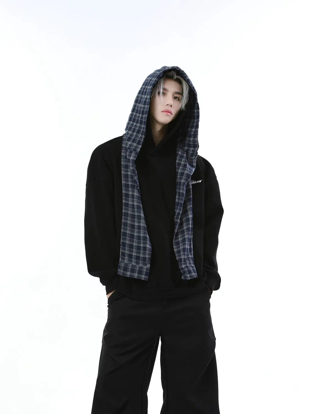 Retro Stitch Plaid Shawl Hooded Sweatshirt-The Korean Fashion