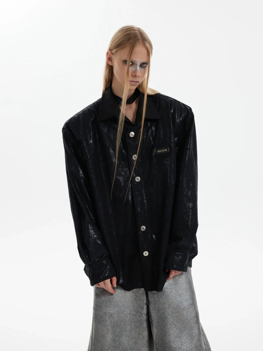 Shiny Textured Shoulder Pad Shirt Jacket-The Korean Fashion