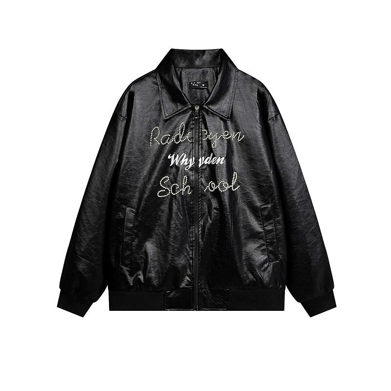 Pearl Embroidered PU Leather Motorcycle Jacket