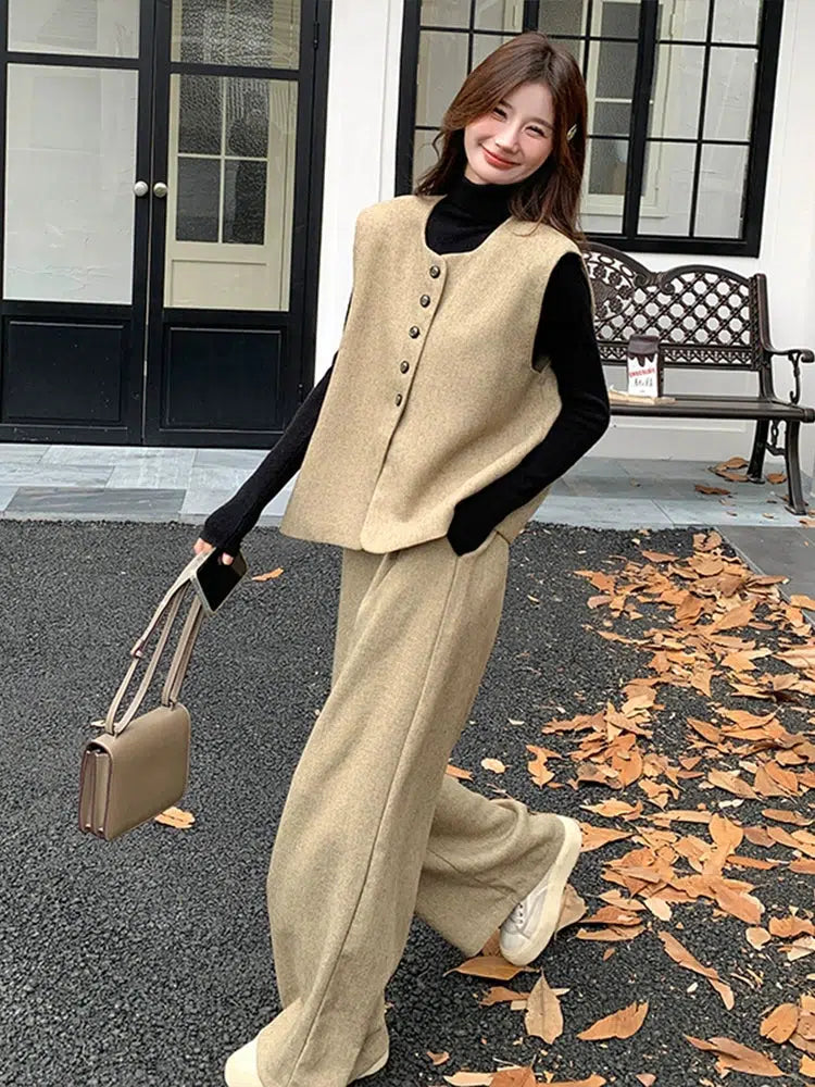 Khaki Vest and Wide-Leg Pants Suit for Women-The Korean Fashion