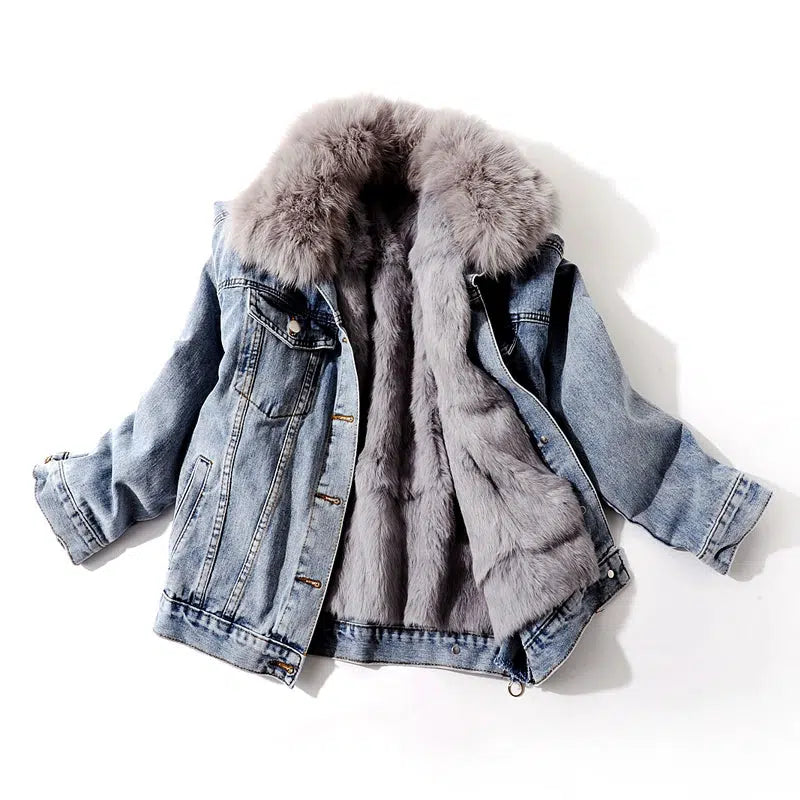 Winter Removable Fur Liner Denim Jacket with Fox Fur Collar-The Korean Fashion