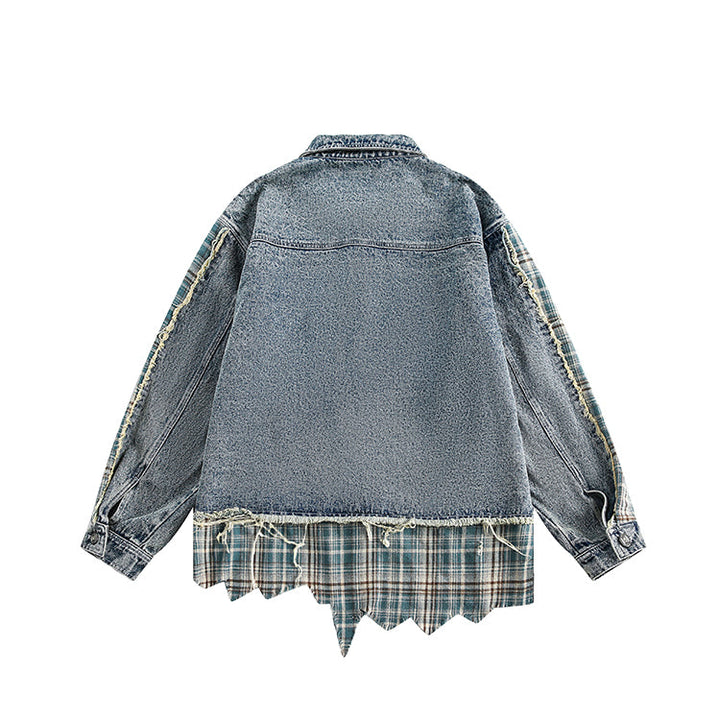 Plaid Distressed Irregular Hem Denim Jacket