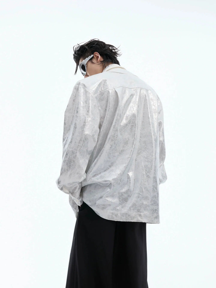 Shiny Textured Shoulder Pad Shirt Jacket-The Korean Fashion