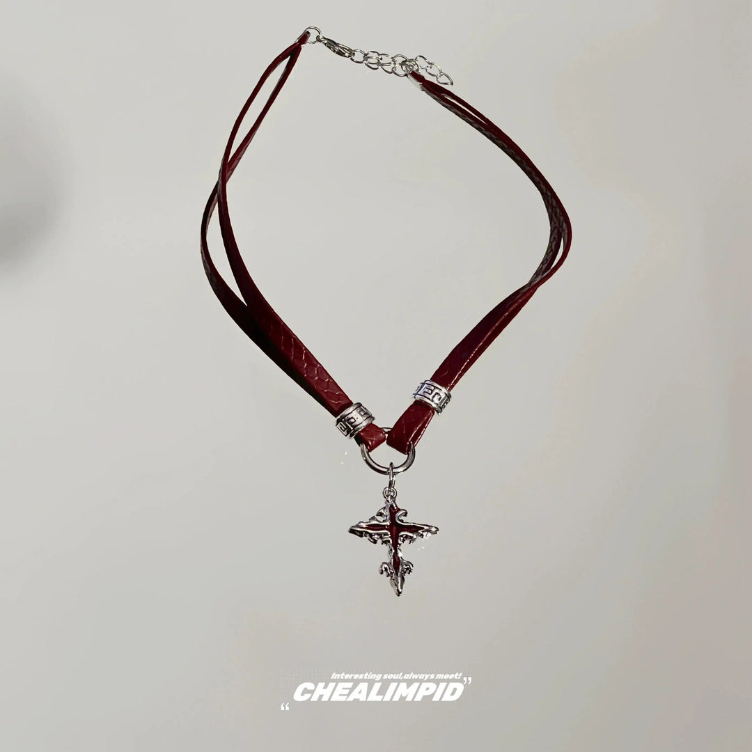 Leather Cross Choker Necklace with Pendant-The Korean Fashion