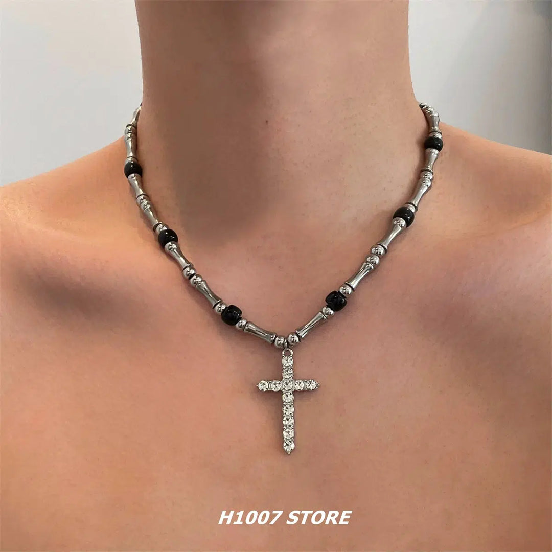 Diamond Cross Bamboo Necklace