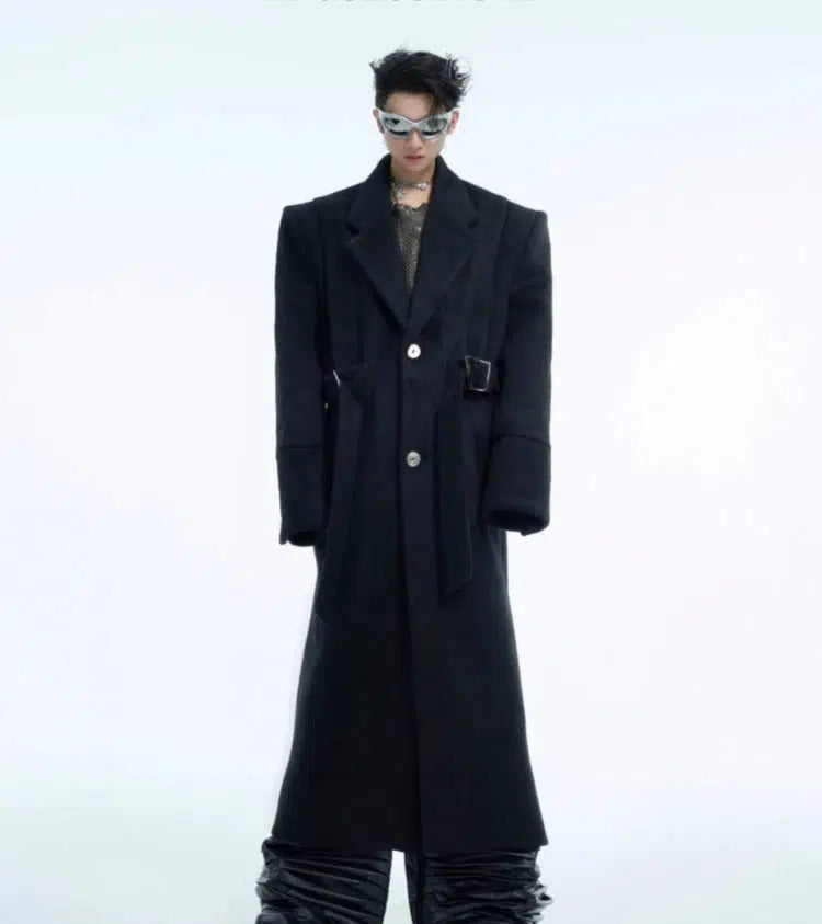 Metal Buckle Long Wool Coat-The Korean Fashion