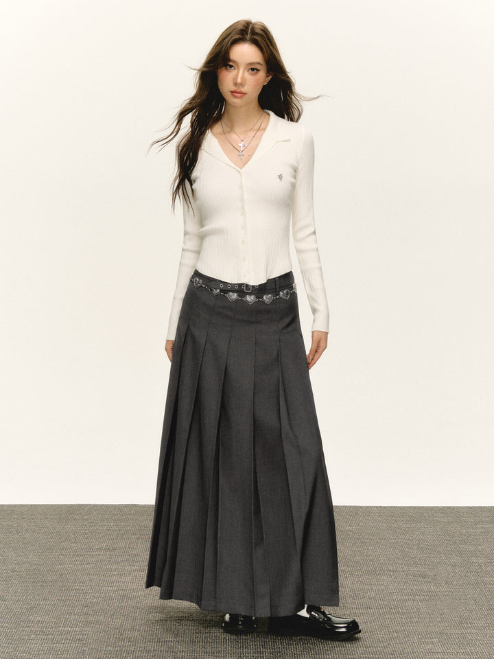 Pleated A-Line Skirt with Belt