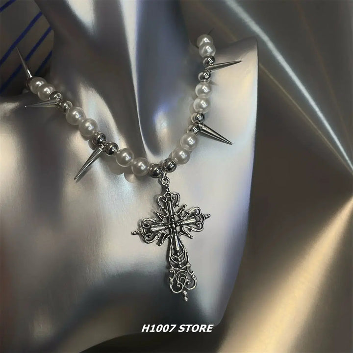 Pearl Spike Cross Pendant Necklace