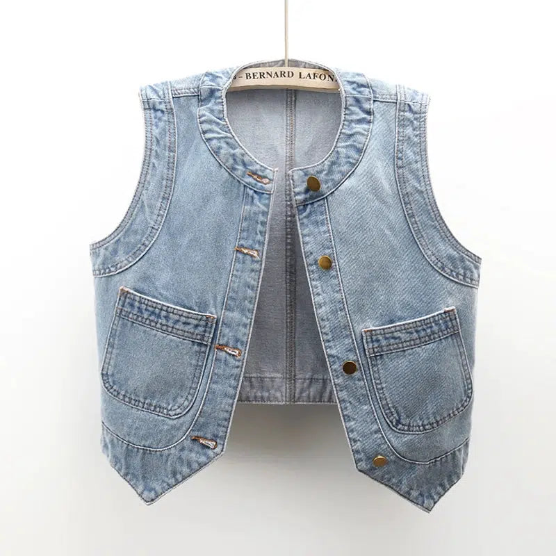 Retro Round Neck Denim Vest