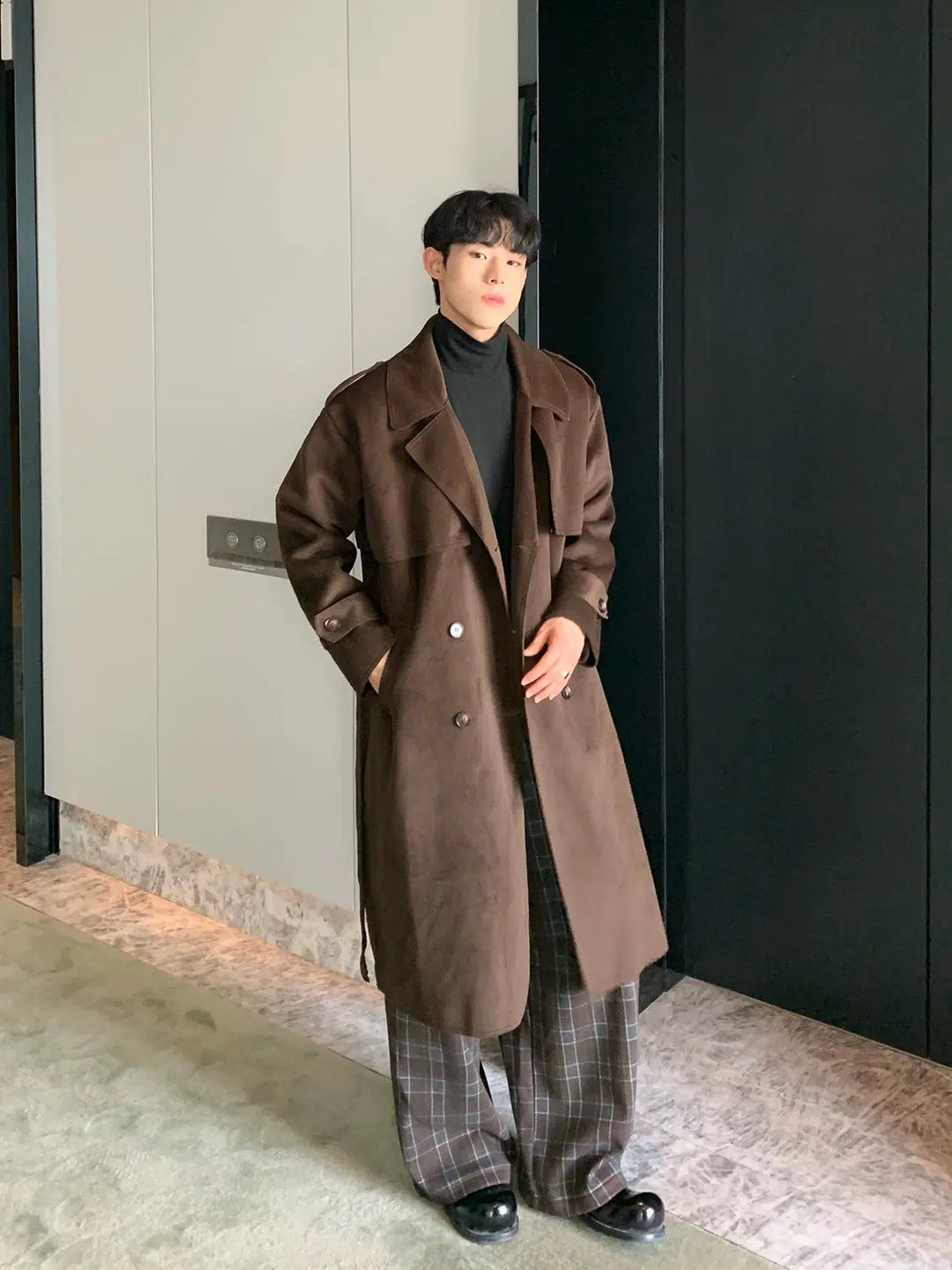 Mid-length Double-breasted Wool Coat with Belt-The Korean Fashion