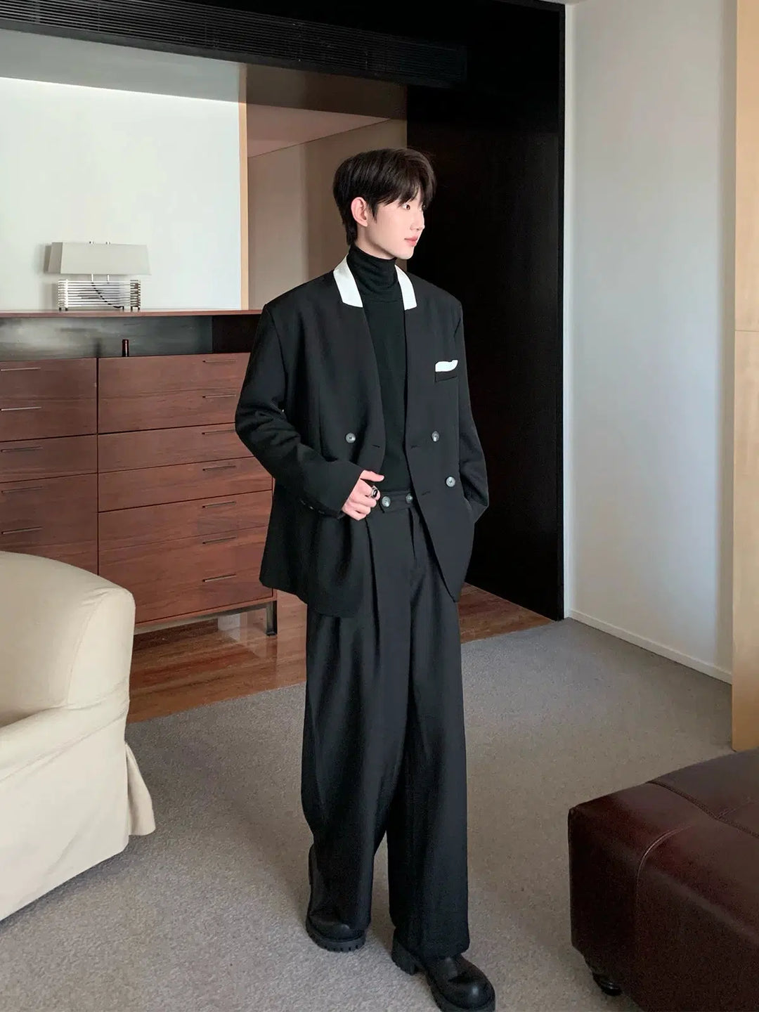 Collarless Silhouette Suit Pants Set-The Korean Fashion