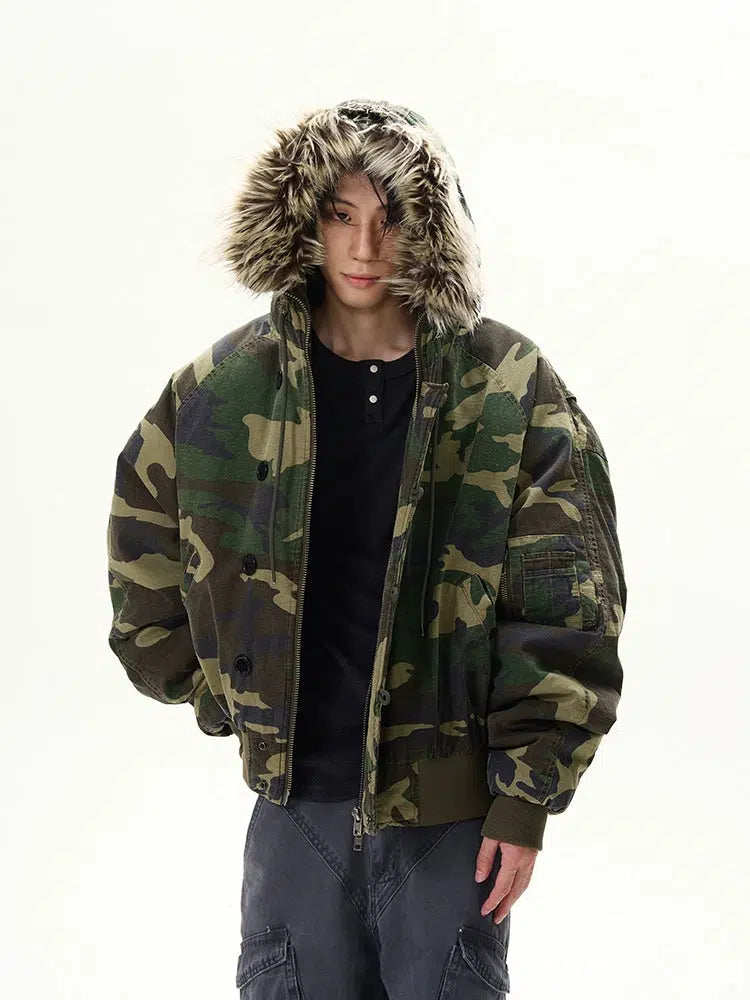 Camouflage Fur Hood Pilot Jacket-The Korean Fashion