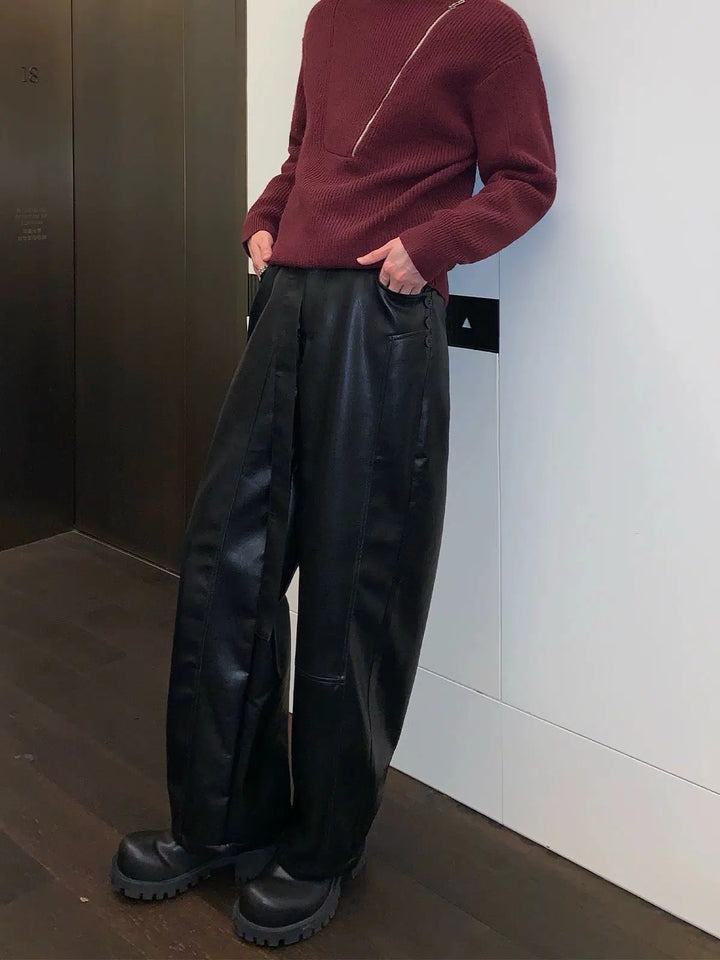 Leather Lace-up Straight Casual Pants-The Korean Fashion