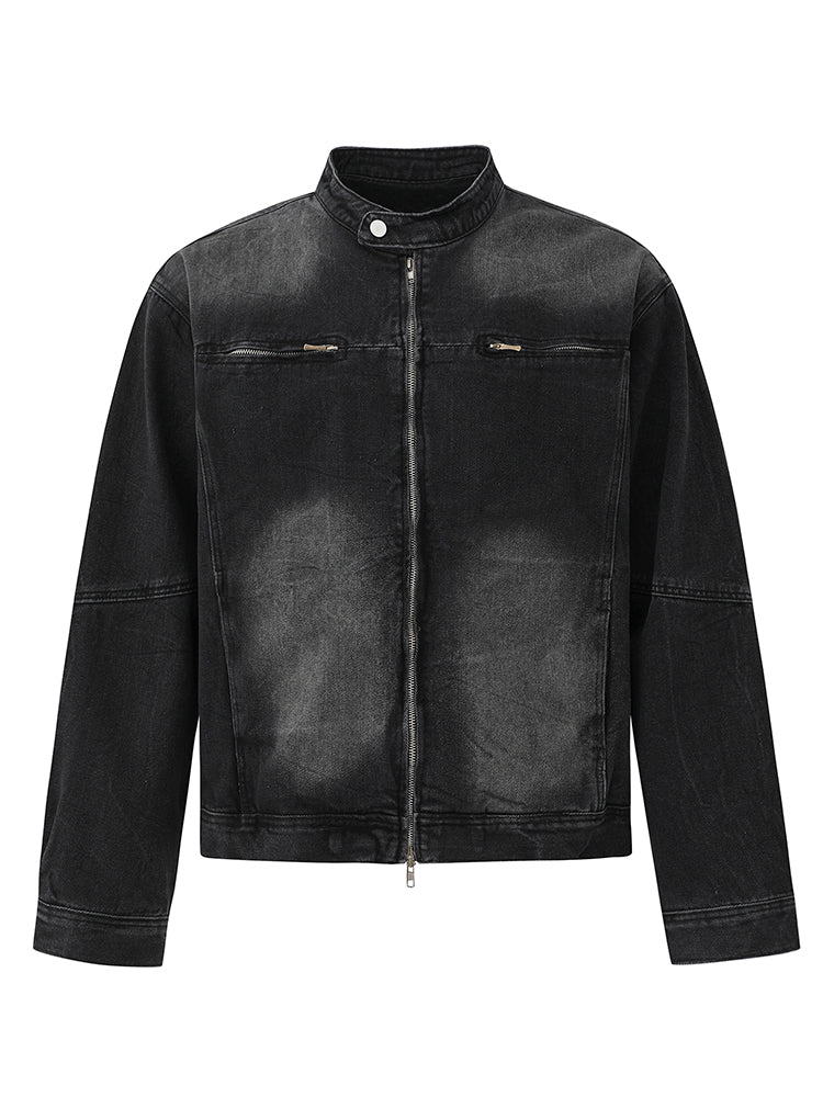 Black Stand Collar Denim Jacket