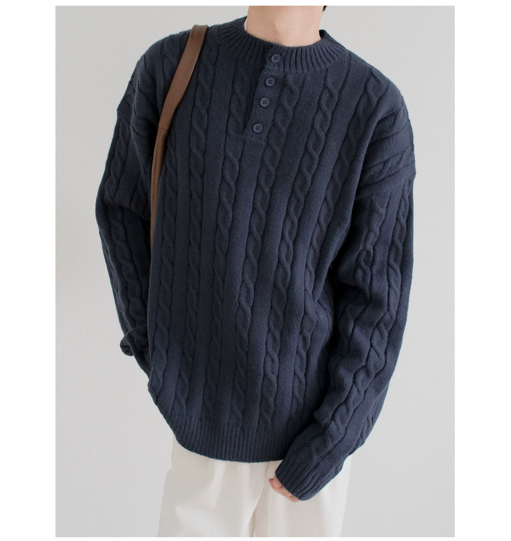 Button Neck Cable Knit Sweater