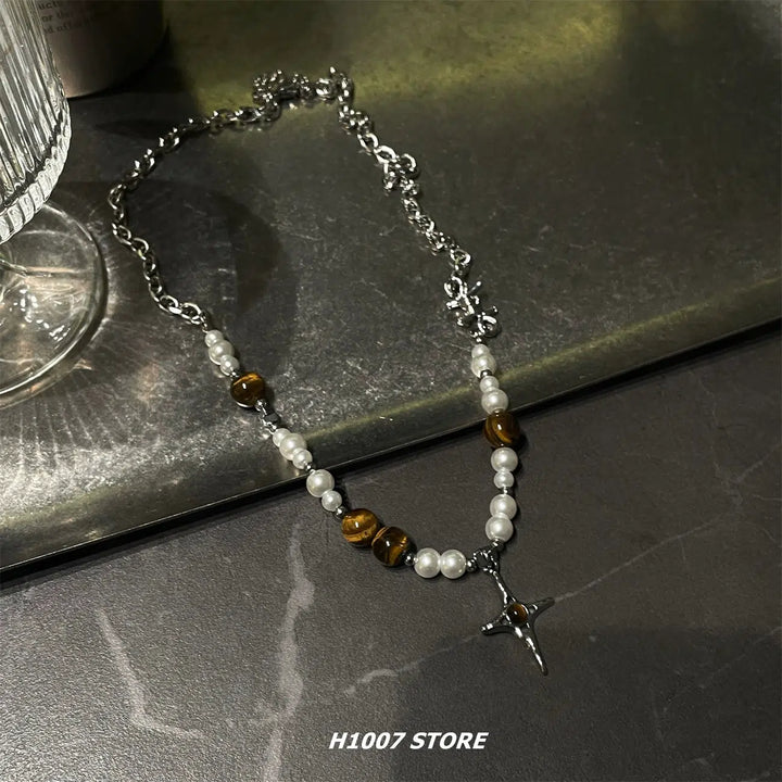 Tiger Eye Beaded Cross Necklace