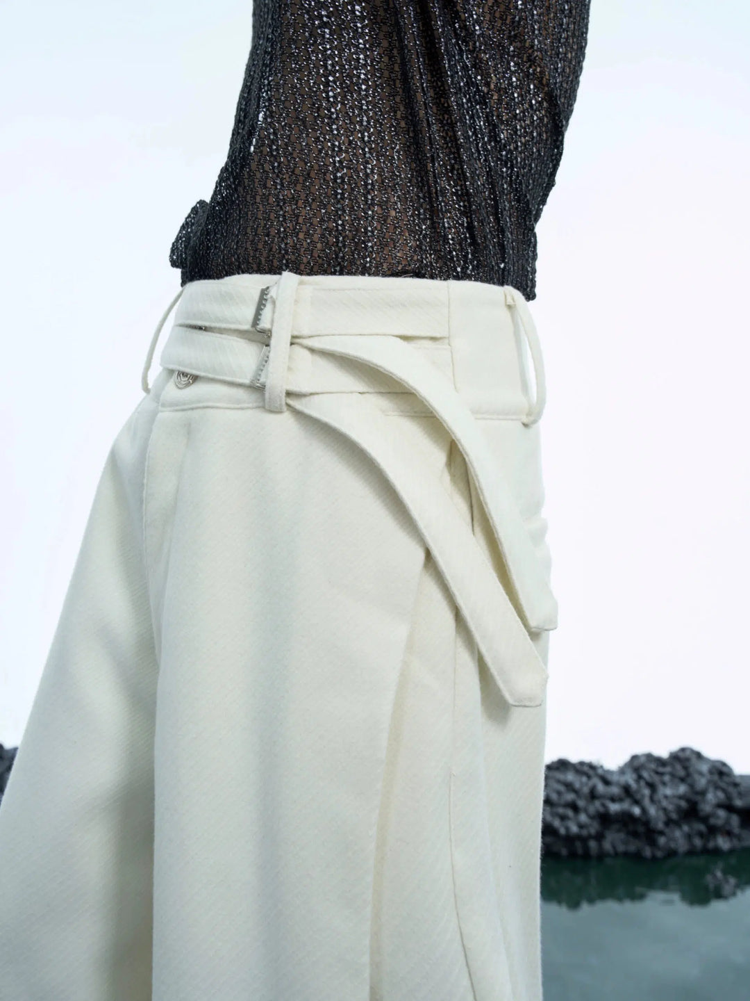 Wide-Leg Woolen Double Belt Pants-The Korean Fashion