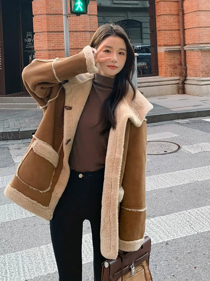 Hooded Suede Lamb Wool Winter Jacket-The Korean Fashion