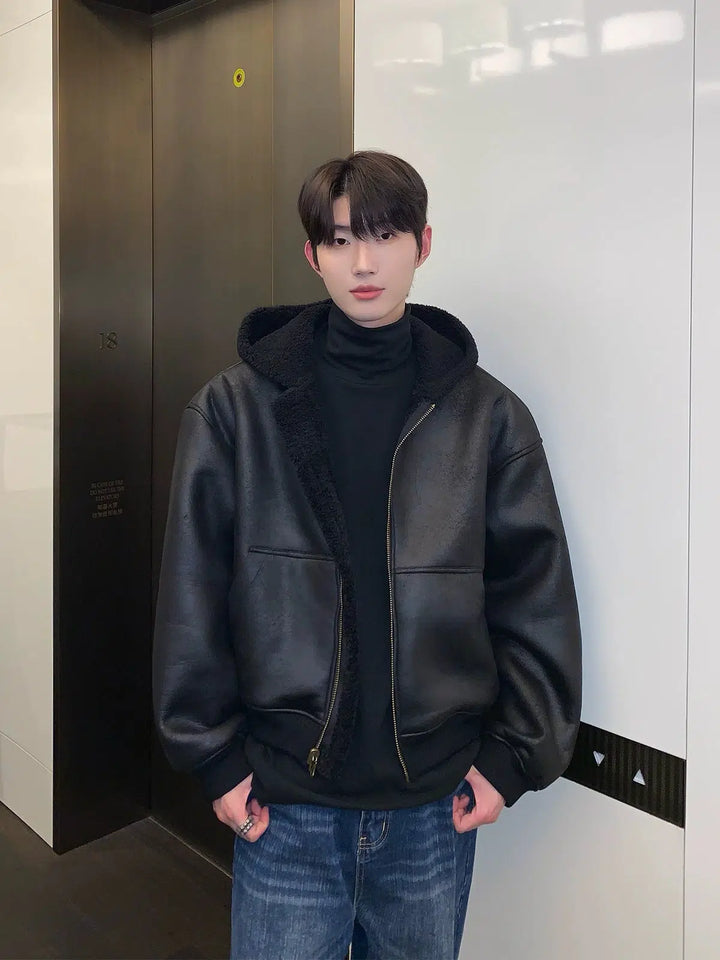 Lambskin Collar Leather Hooded Jacket-The Korean Fashion