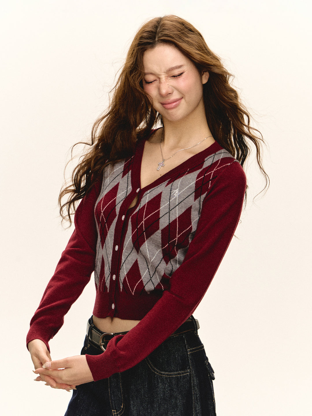 Plaid Argyle V-Neck Knit Cardigan