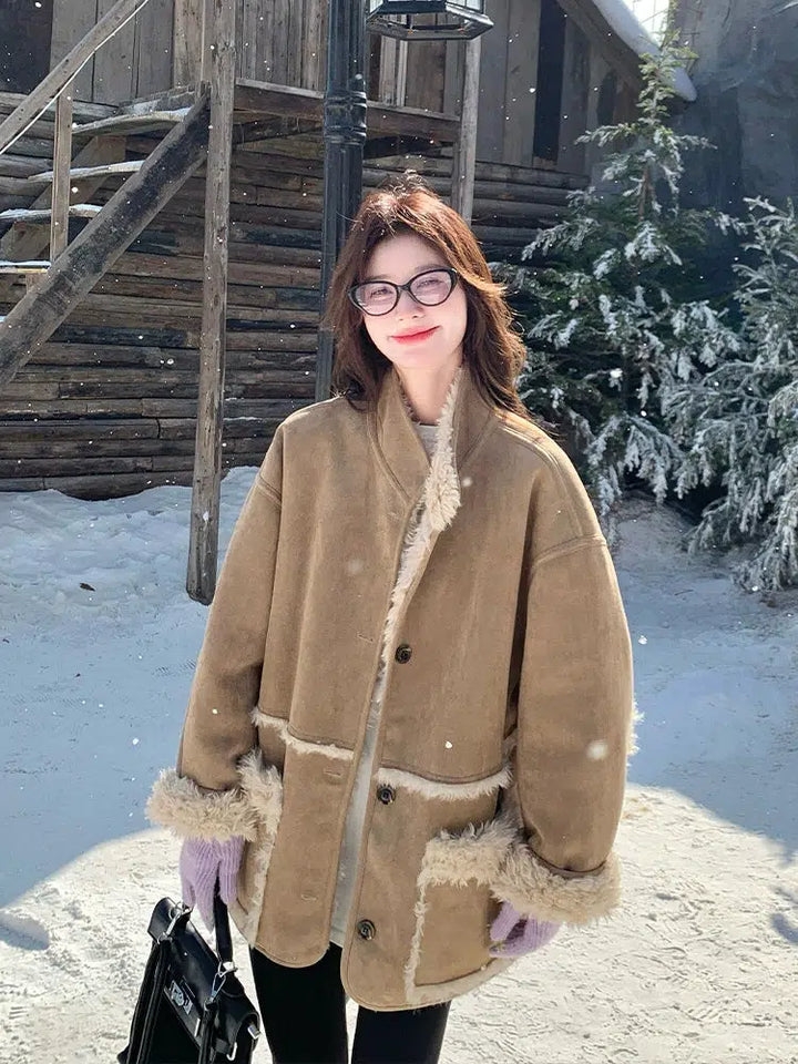 Reversible Plush Suede Coat with Fur Trim-The Korean Fashion