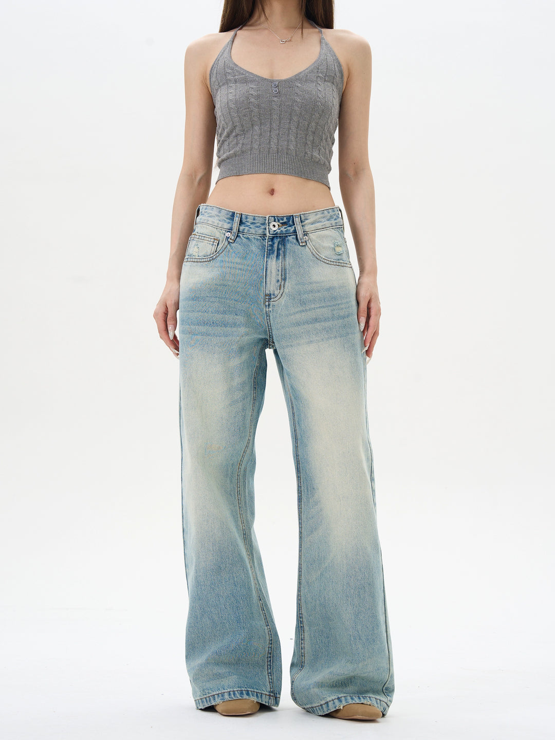 Wide-Leg Washed Jeans