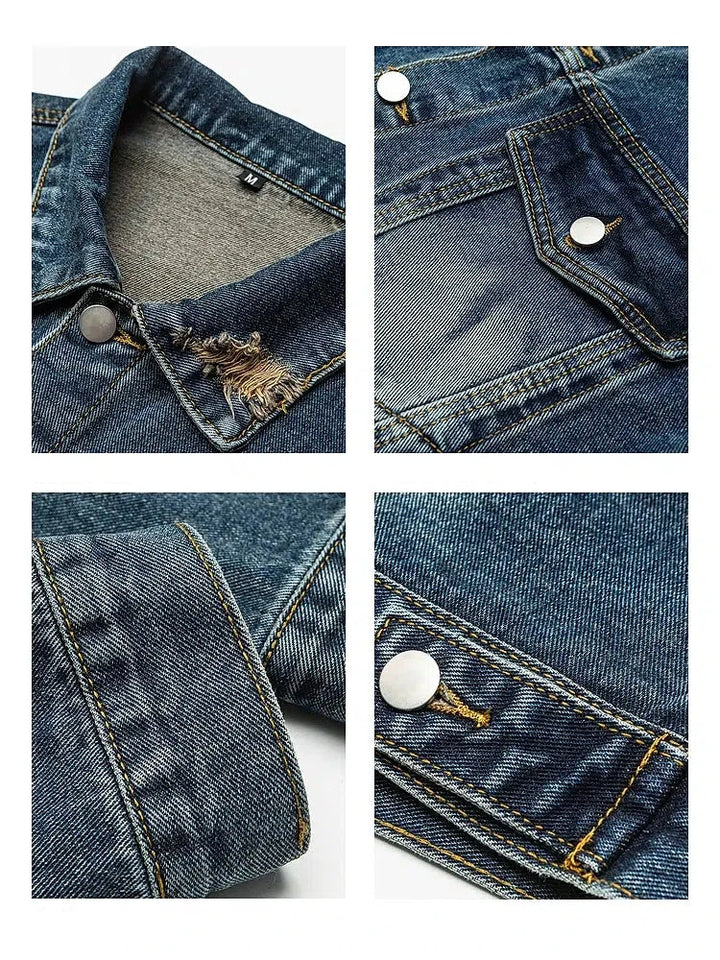 Washed Retro Ripped Denim Jacket with Lapel-The Korean Fashion