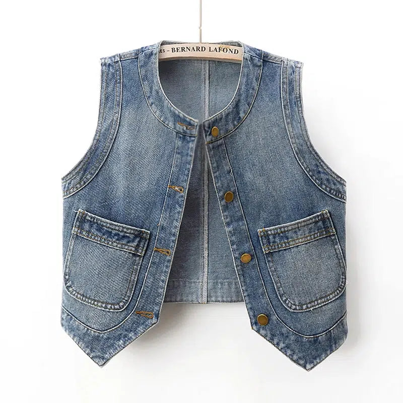 Retro Round Neck Denim Vest-The Korean Fashion