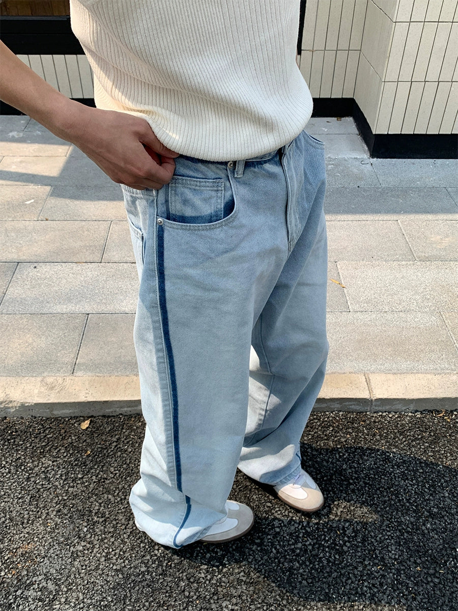 Striped Light Blue Straight Jeans