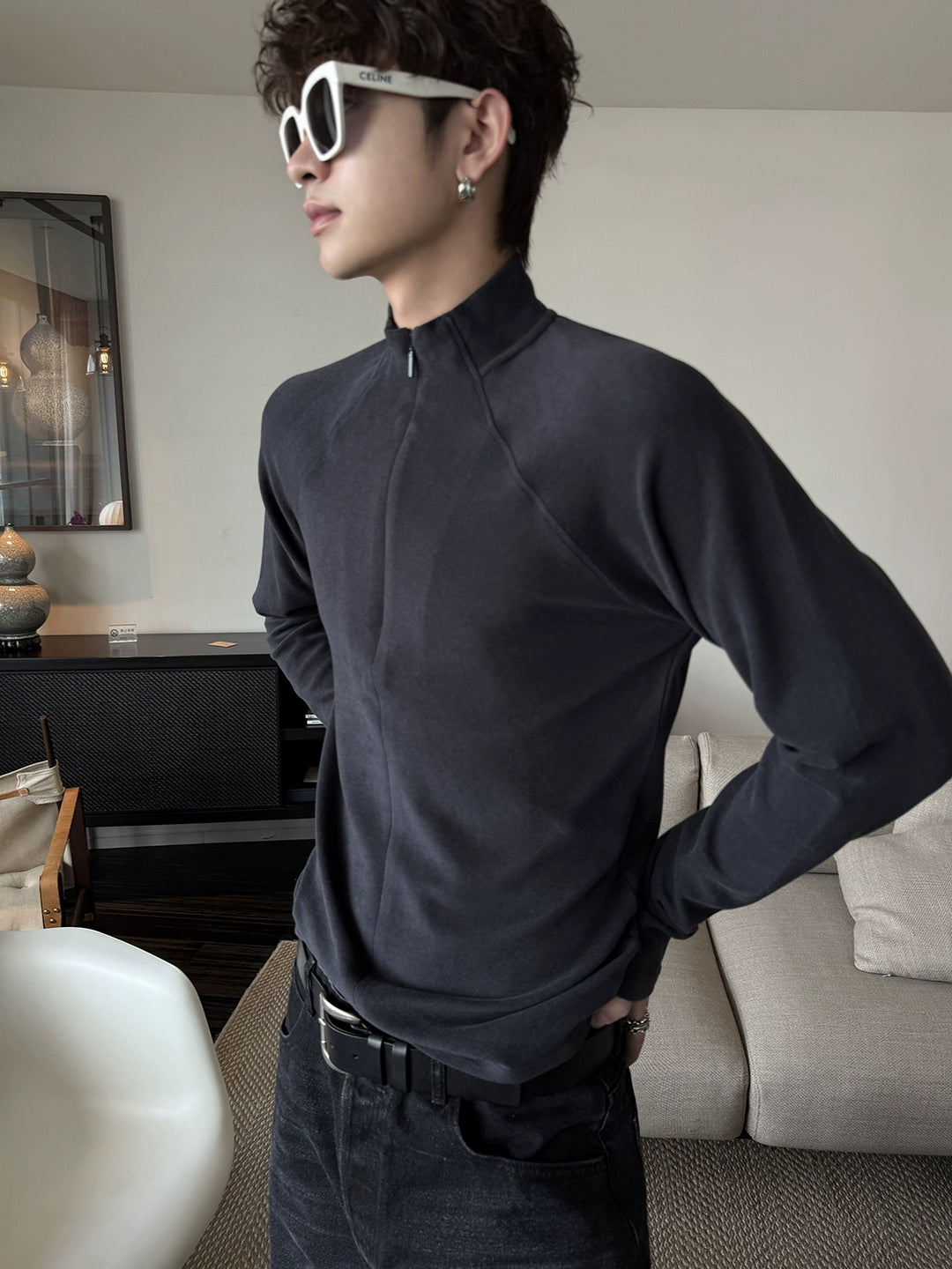 Long-Sleeve Wool Blend Zip Pullover