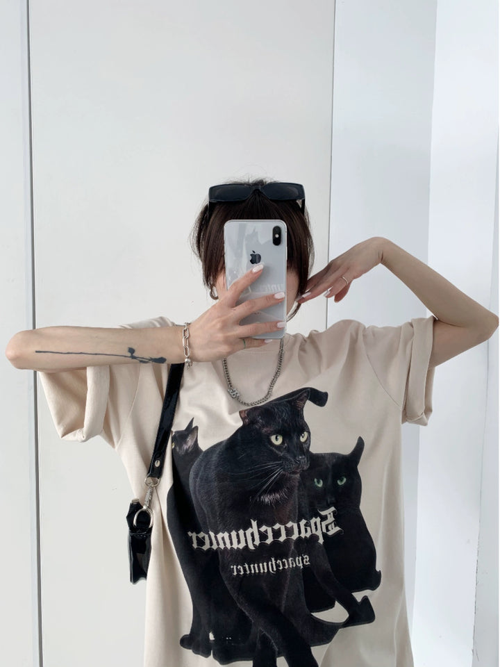 Loose Cat Print Short Sleeve T-shirt