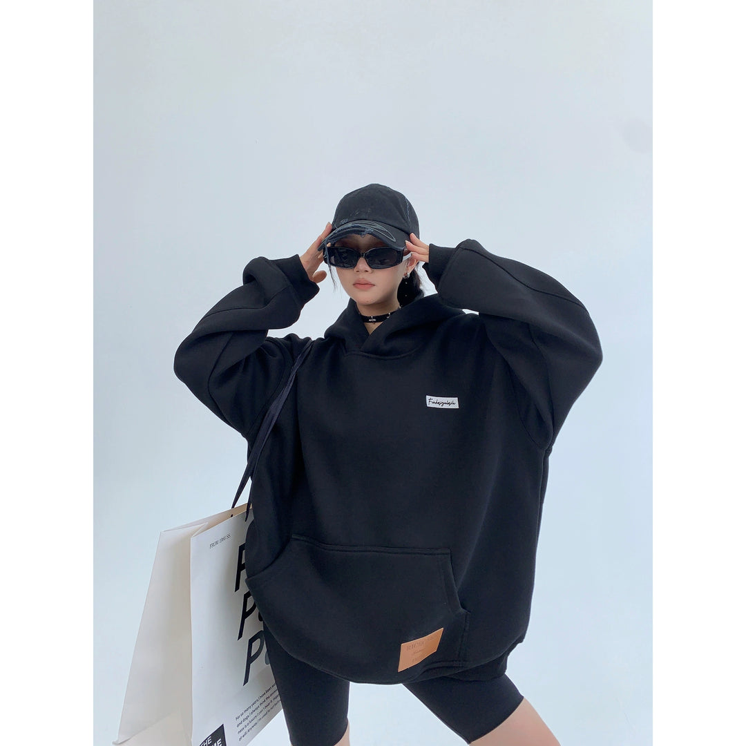 Embroidered Plush Hooded Sweatshirt-The Korean Fashion