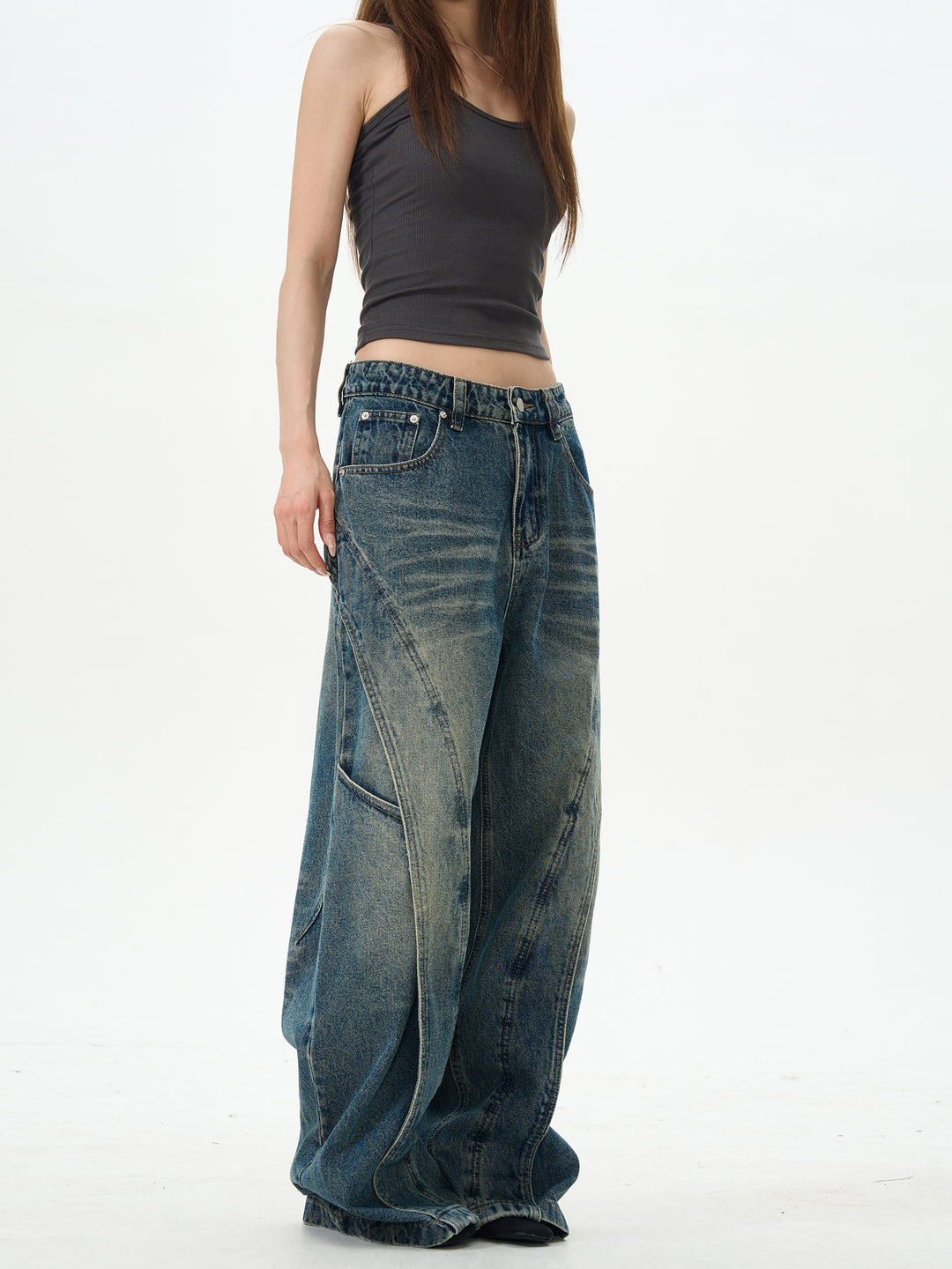 Deconstructed Wide-Leg Jeans Pants