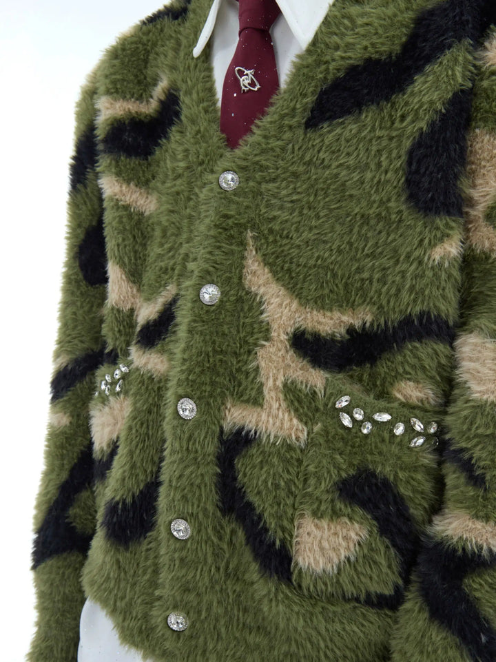 Faux Mink Camouflage Knit Cardigan with Buttons-The Korean Fashion