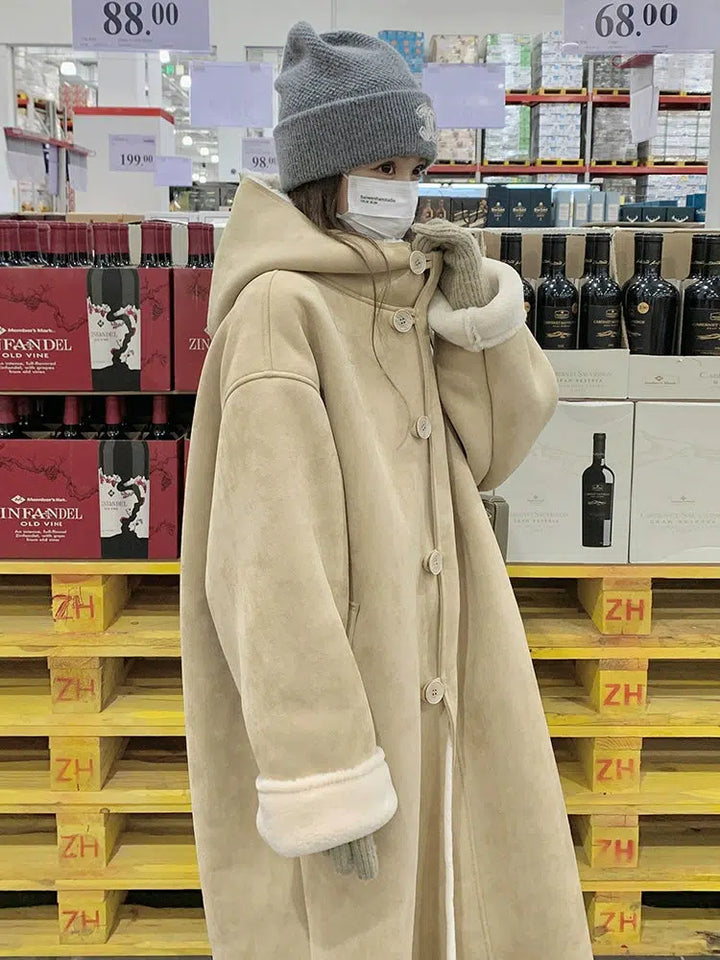 Women's Hooded Lamb Wool Coat, Mid-Length-The Korean Fashion