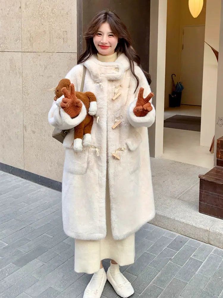 High-End Mink Wool Coat with Ox Horn Buttons-The Korean Fashion