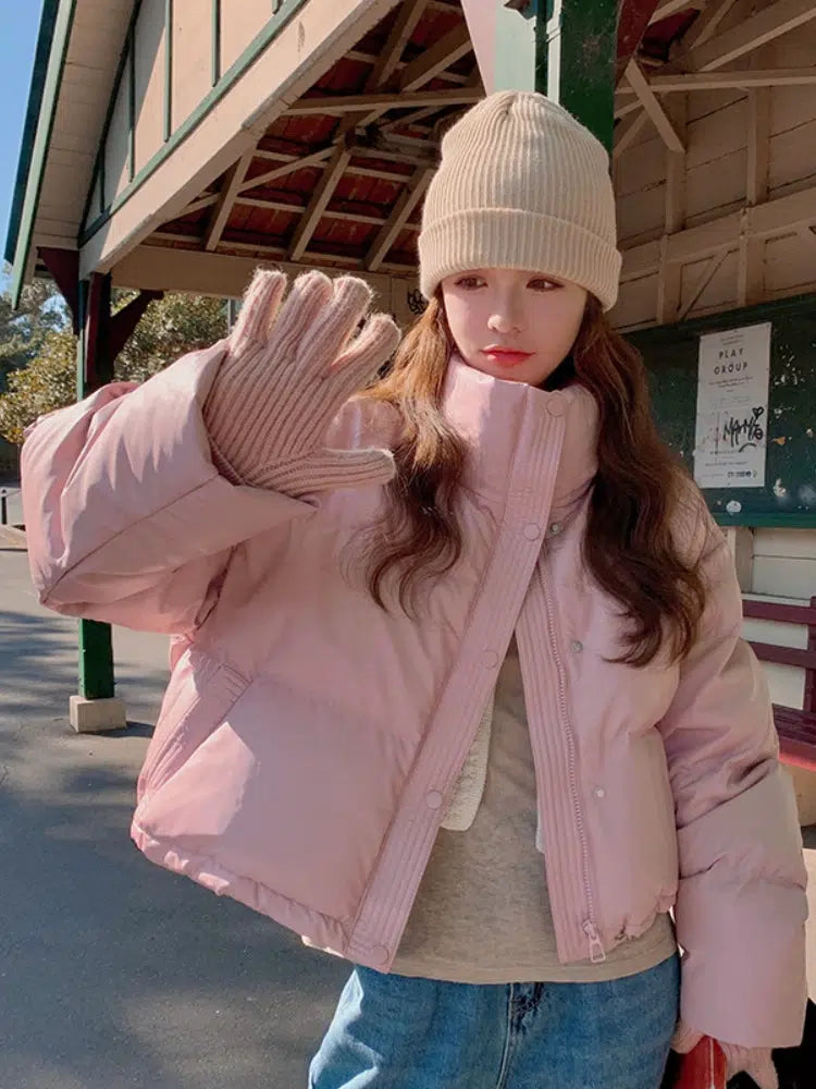 Pink Stand Collar Loose Down Jacket-The Korean Fashion