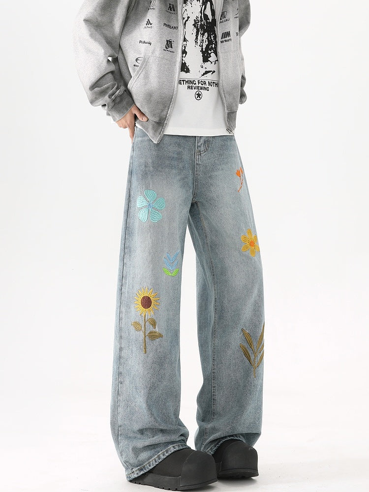 Loose Fit Floral Embroidery Jeans