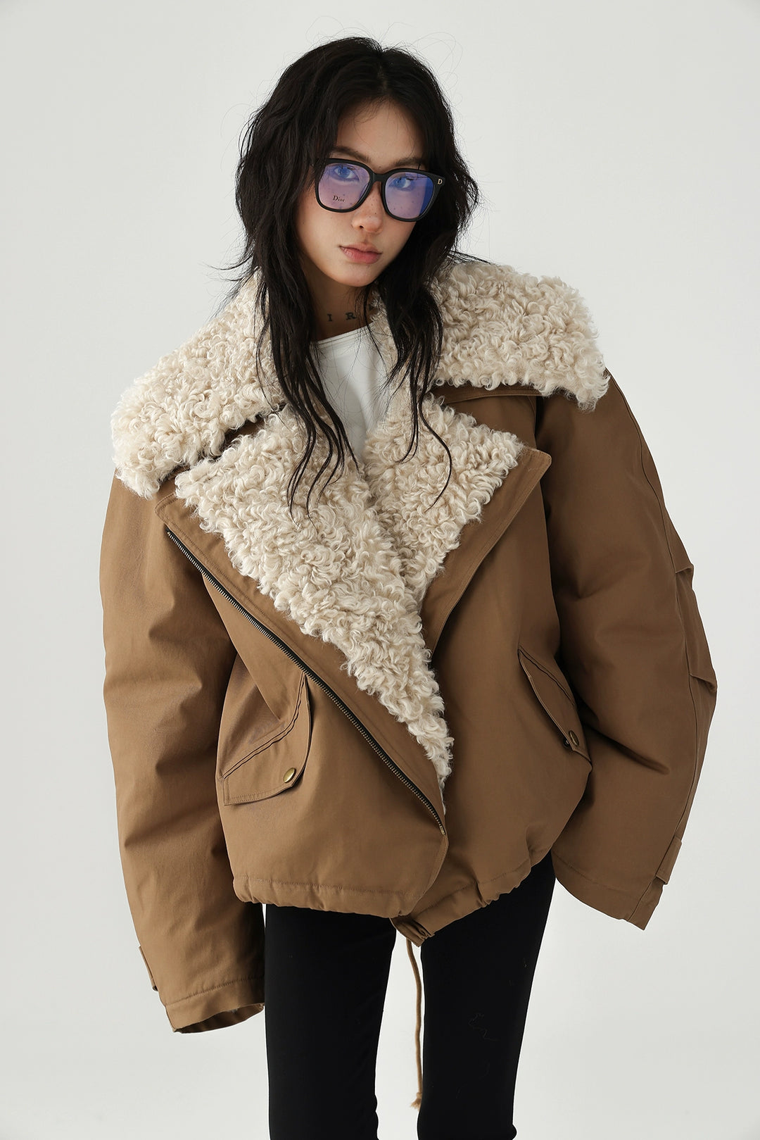 Oblique Zipper Lapel Wool Coat