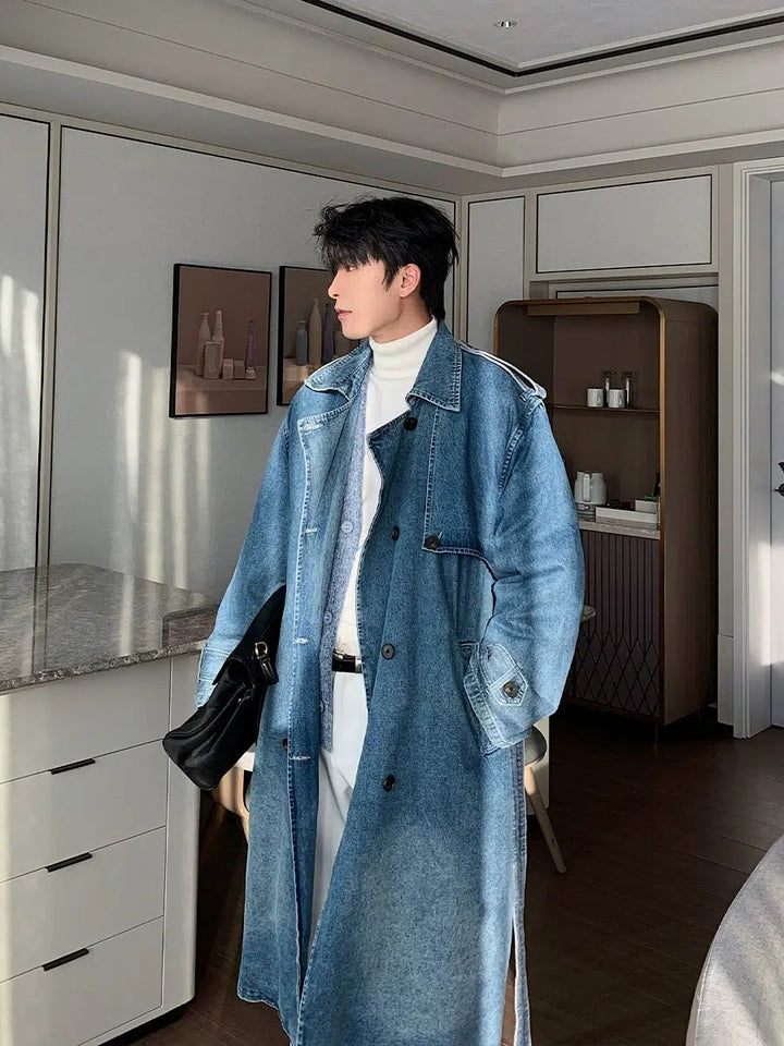 Knee-Length Denim Double-Breasted Windbreaker Jacket-The Korean Fashion