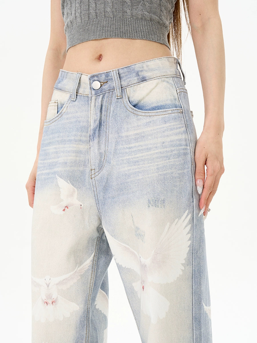 Retro Friedenstaube Druck Jeans 