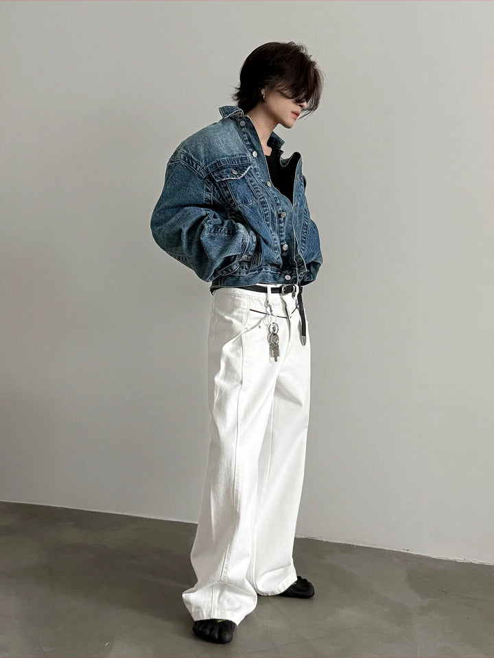 Deconstructed Wide-Leg Stand-Up Collar Jeans-The Korean Fashion