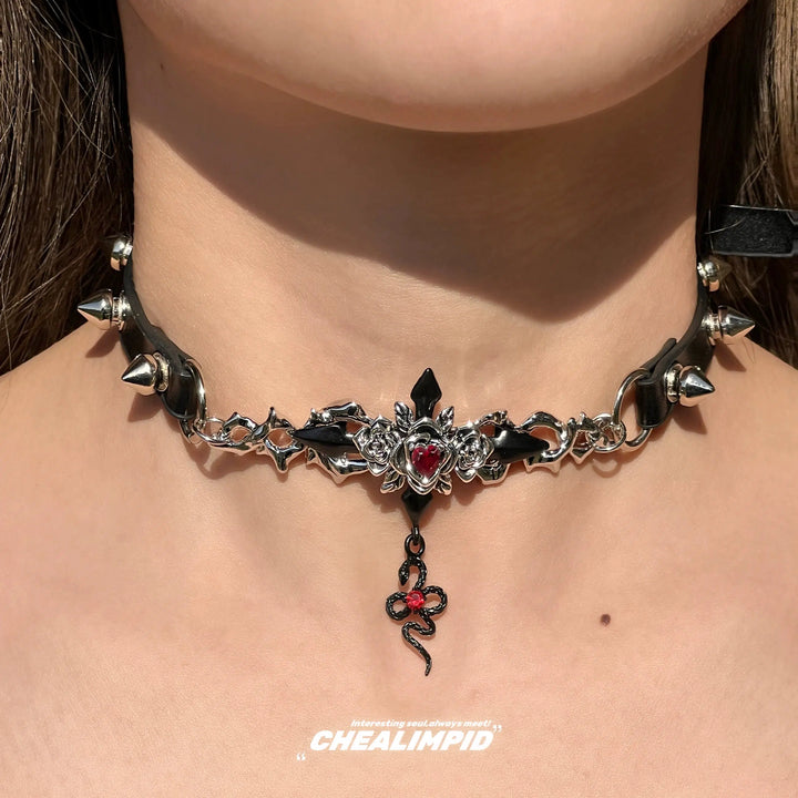 Spiked Rivet Ruby Snake Choker Necklace-The Korean Fashion